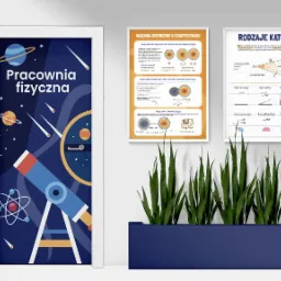 Grafika edukacyjna na drzwiach pracowni fizycznej, z teleskopem, planetami i wzorami chemicznymi na plakatach w tle.