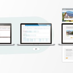 BLOOMVISE GROUP Sp. z o.o - Porównanie interfejsu oprogramowania CRM dla branży budowlanej: widok 'przed' z przestarzałym wyglądem i widok 'po' z nowoczesnym designem na trzech laptopach.