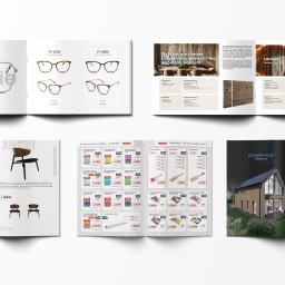 BLOOMVISE GROUP Sp. z o.o - Rozkładówka katalogu prezentująca różnorodne produkty: okulary damskie, krzesła, farby, płyty ścienne i projekt domu modułowego.