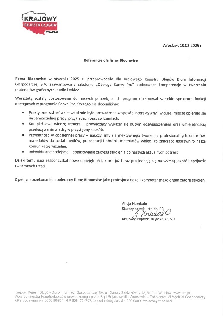Skan referencji dla firmy Bloomvise, potwierdzający przeprowadzenie szkolenia z obsługi Canva Pro, wystawione przez Krajowy Rejestr Długów, datowane na 10.02.2025.