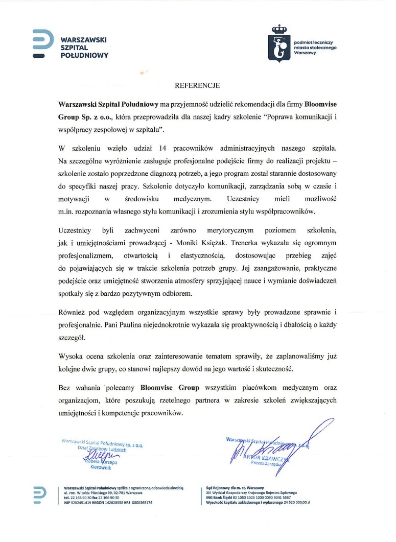 Skan dokumentu referencyjnego od Warszawskiego Szpitala Południowego dla firmy Bloomvise Group Sp. z o.o. za przeprowadzone szkolenie z zakresu komunikacji i współpracy zespołowej.