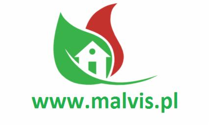 Logo firmy z zielonym liściem, czerwonym płomieniem i białym domem w środku, pod spodem adres strony internetowej www.malvis.pl.