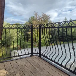 Czarna, metalowa balustrada balkonowa z dekoracyjnymi elementami na tle zieleni i częściowo widocznego zadaszenia basenu.