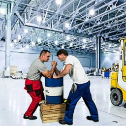 Dwóch mężczyzn w strojach roboczych siłuje się na rękę na beczce z napisem OIL w hali magazynowej, obok wózek widłowy.