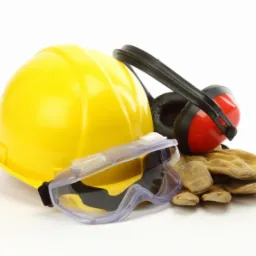 Żółty kask budowlany, okulary ochronne z przezroczystymi oprawkami, nauszniki przeciwhałasowe z czerwonymi elementami i para skórzanych rękawic roboczych ułożone na białym tle.