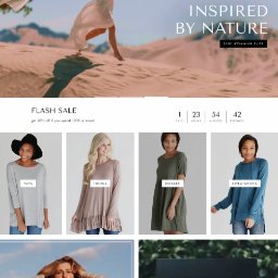 tinyDOM - E-commerce strona z odzieżą damską: tuniki, sukienki, bluzy. Promocja 'Flash Sale' z odliczaniem czasu. Modelka na tle pustynnego krajobrazu i hasło 'Inspired by Nature'.