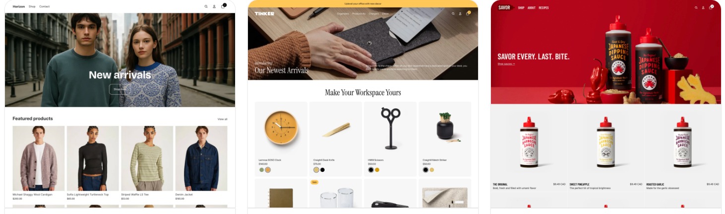 Prezentacja trzech stron internetowych sklepów z odmienną stylistyką: odzież, akcesoria biurowe i sosy. Minimalistyczny design, wyraźne zdjęcia produktów, czytelna nawigacja.