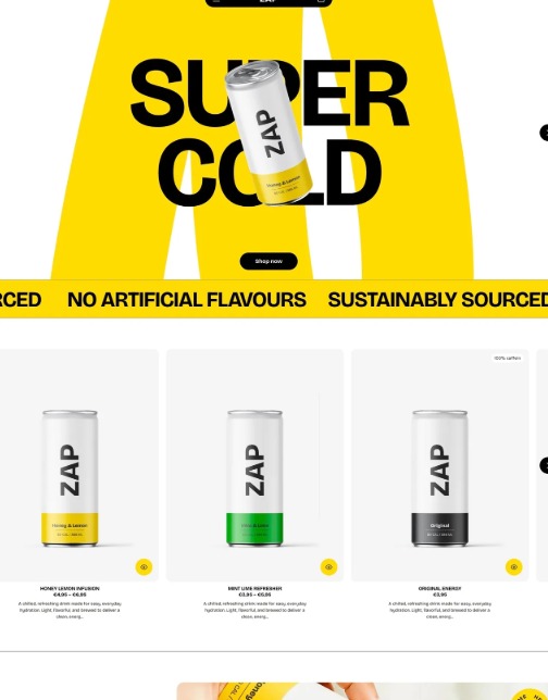 Reklama napoju ZAP: puszka na żółtym tle z napisem 'SUPER COLD', poniżej trzy puszki z różnymi smakami. Minimalistyczny design, nowoczesny układ graficzny.