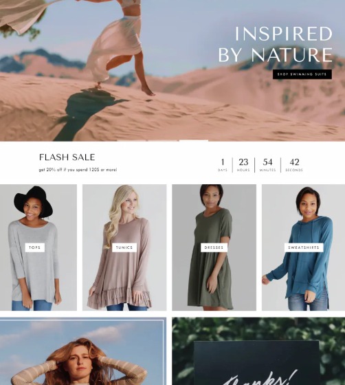 E-commerce strona z odzieżą damską: tuniki, sukienki, bluzy. Promocja 'Flash Sale' z odliczaniem czasu. Modelka na tle pustynnego krajobrazu i hasło 'Inspired by Nature'.
