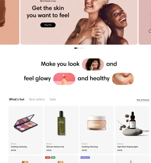E-commerce strona z produktami do pielęgnacji skóry: paleta cieni, serum, kremy. Promocyjny baner z uśmiechniętymi modelkami i hasłem 'Get the skin you want to feel'.