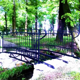 Kuta, czarna barierka mostku nad strumieniem w parku, z kamiennymi podporami i widocznymi drzewami w tle.