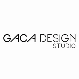 Minimalistyczne logo 'GACA DESIGN STUDIO' w czerni na białym tle, prezentowane przez firmę z Zabrza.