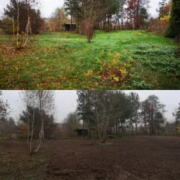 Dwa zdjęcia zestawione: górne przedstawia zarośniętą działkę z drzewami i opadłymi liśćmi, dolne ukazuje tę samą działkę po przekopaniu, przygotowaną pod zasiew trawy, widoczne ślady opon.