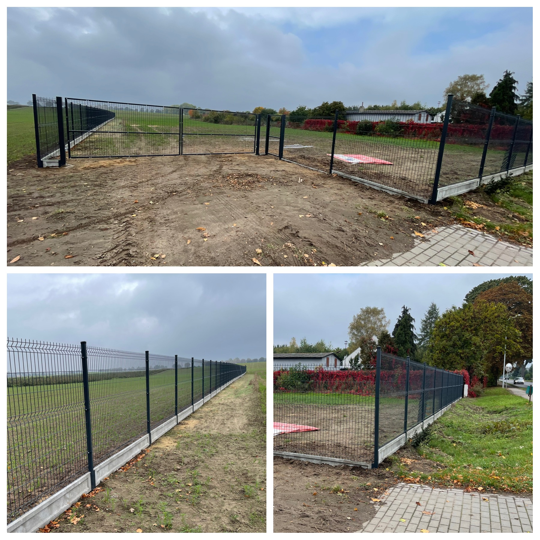 Panelowe ogrodzenie z bramą skrzydłową i furtką, osadzone na betonowej podmurówce, widoczne ślady po pracach ziemnych, teren częściowo zagospodarowany, jesienna sceneria.