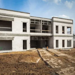 Surowy stan dwukondygnacyjnego budynku z białego bloczka, widoczne niezabezpieczone otwory okienne i drzwiowe, grunt wokół budynku nierówny i błotnisty, w tle widoczny inny budynek.