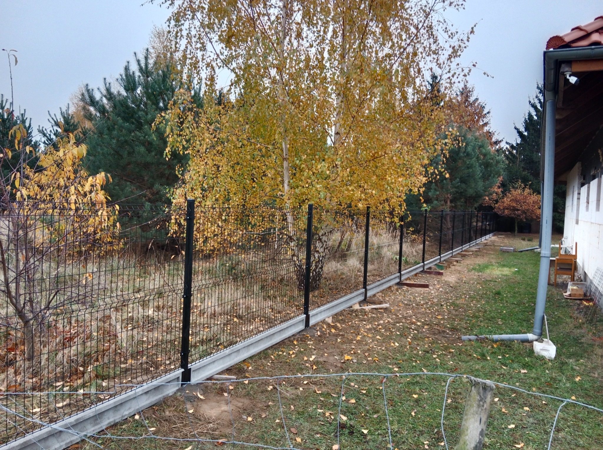 Nowoczesne ogrodzenie panelowe z podmurówką betonową, widoczne jesienne drzewa w tle, fragment posesji.