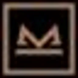 Ciemne logo firmy z symbolem przypominającym literę M lub wagę, otoczone jasną ramką.