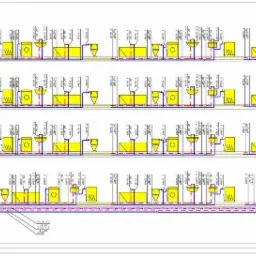 Techniczny rysunek instalacji sanitarnych w budynku wielorodzinnym, prezentujący schemat podłączeń urządzeń w czterech kondygnacjach.