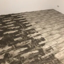 Podłoga w trakcie fugowania, widoczne świeżo nałożone ciemne fugi na płytkach imitujących drewno, część podłogi już wyczyszczona, białe ściany w tle.