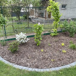 Serwisbruk.pl - Kształtna rabata z korą i nasadzeniami, obrzeże z kostki, trawnik i ogrodzenie siatkowe w tle. Widok na dom z ogrodem. Słoneczny dzień.