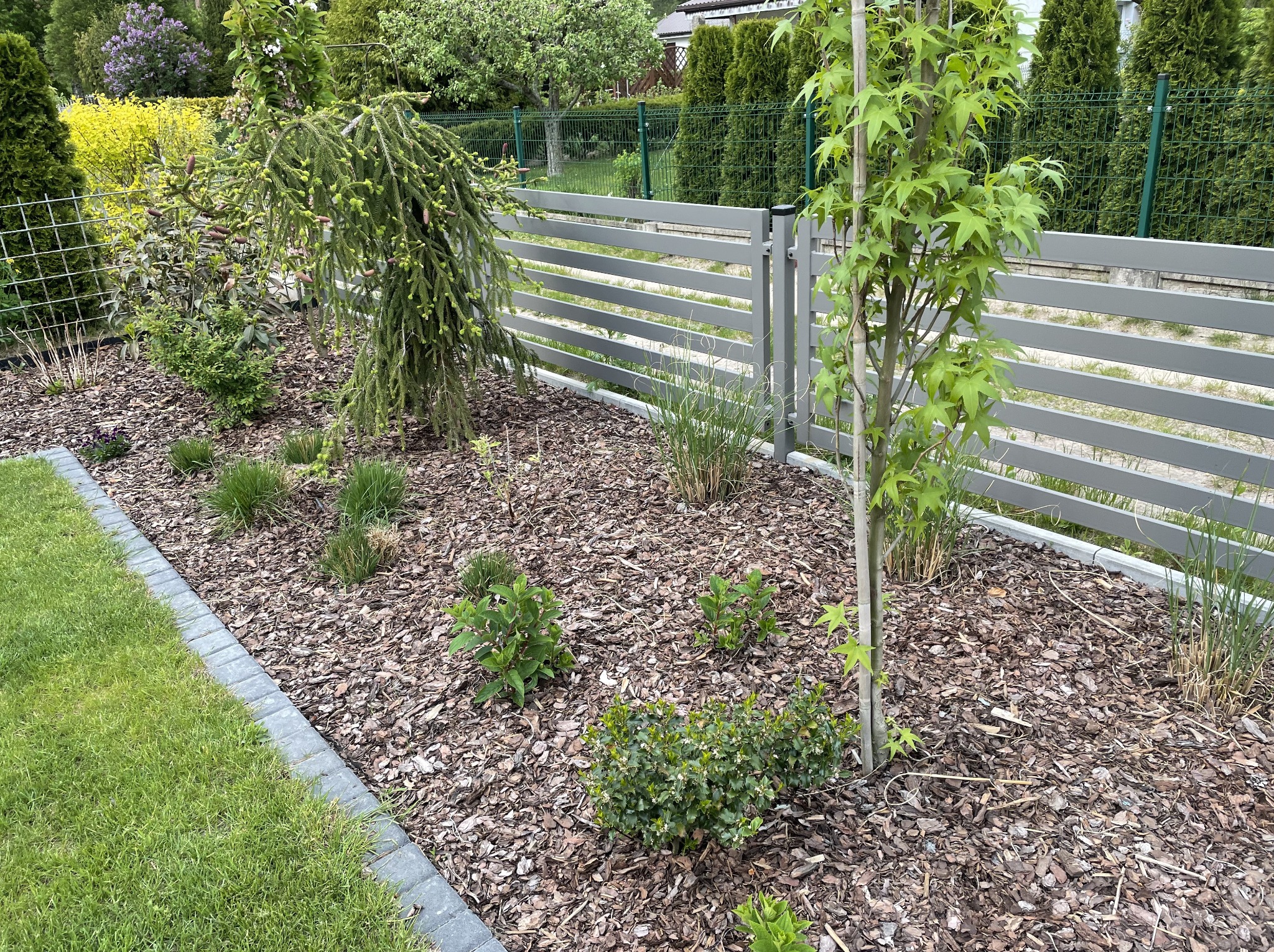 Aranżacja ogrodu z szarą, poziomą, drewnianą palisadą, korą drzewną, niskimi krzewami i młodymi drzewkami. Obrzeże z kostki brukowej oddziela trawnik.