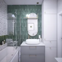 Nowoczesna łazienka z zielonymi płytkami ściennymi, umywalką nablatową na szarej szafce z złotymi uchwytami, lustrem w złotej ramie i wanną z parawanem.