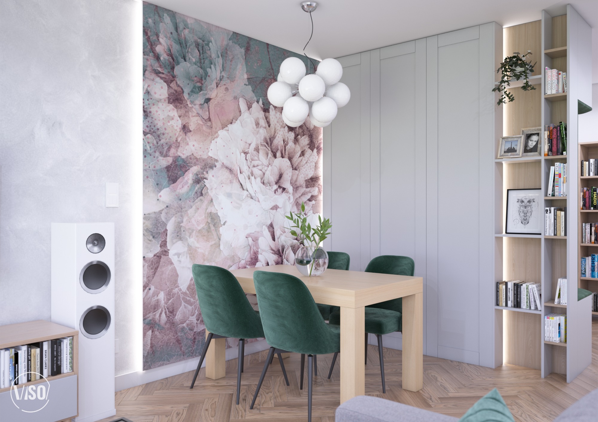 Wizualizacja jadalni z drewnianym stołem, zielonymi welurowymi krzesłami, lampą z kul, ścianą z kwiatowym motywem, regałem z książkami i kolumną głośnikową.