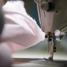 Detal szwalniczy: igła maszyny do szycia w trakcie pracy nad różowym materiałem w białe kropki, bliskie ujęcie.