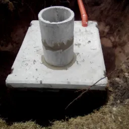 Betonowa studzienka kanalizacyjna z rurą w wykopie, widoczne ślady zaprawy na łączeniu elementów.