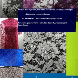 Kolaż różnorodnych tkanin koronkowych w różnych kolorach i wzorach, w tym czerwona sukienka z koronki, zbliżenia na białe i czarne koronki oraz próbki tkanin w odcieniach niebieskiego i zielonego...