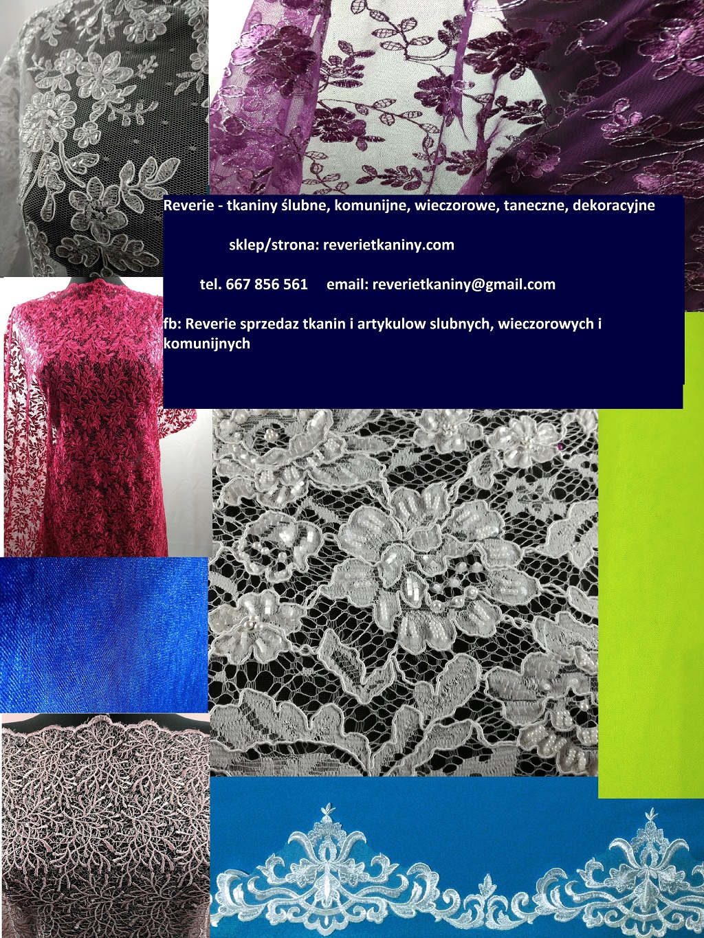 Kolaż różnorodnych tkanin koronkowych w różnych kolorach i wzorach, w tym czerwona sukienka z koronki, zbliżenia na białe i czarne koronki oraz próbki tkanin w odcieniach niebieskiego i zielonego...