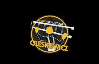 Logo firmy remontowej OLESKIEWICZ z sylwetką osoby w kasku niosącej drabinę na tle okręgu z napisem USŁUGIREMONTOWE.