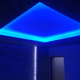 Sufit podwieszany z oświetleniem LED w kolorze niebieskim, narożna ściana z dekoracyjną strukturą kamienia również podświetlona, widoczne drzwi w tle.