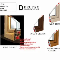 Przekroje okien różnych modeli firmy Drutex: Iglo Energy, Iglo Light, Iglo 5 Classic, Iglo Energy Classic, prezentujące konstrukcję i właściwości.