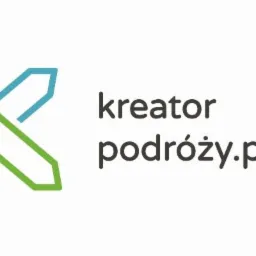 Logo firmy 'kreator podróży.pl' z abstrakcyjnym symbolem strzałki w kolorach niebieskim i zielonym.