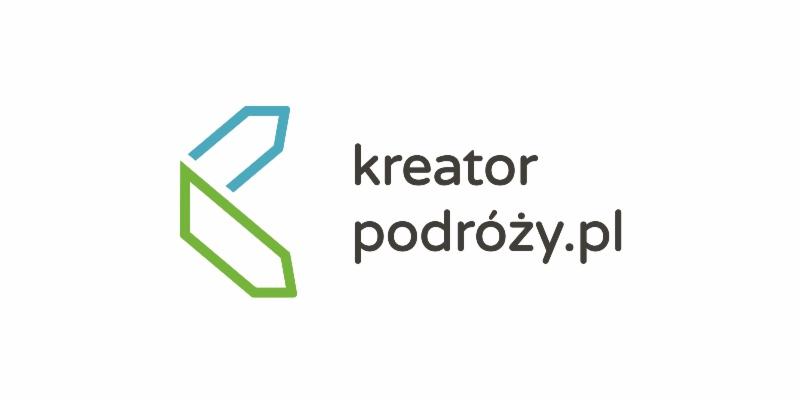 Logo firmy 'kreator podróży.pl' z abstrakcyjnym symbolem strzałki w kolorach niebieskim i zielonym.