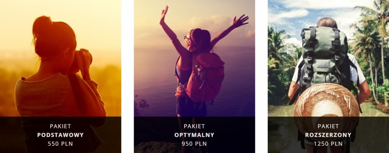 Kompozycja trzech zdjęć: kobieta fotografująca w złotym świetle, turystka z rozłożonymi rękami na tle morza, osoba z plecakiem i kapeluszem na tle tropikalnej roślinności. Pod każdym zdjęciem napis...