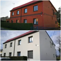 Porównanie elewacji domu przed i po renowacji: od ceglanej czerwieni do jasnego tynku, z widoczną zmianą koloru dachu.