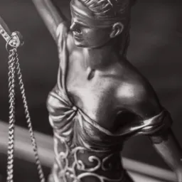 Metalowa statuetka Temidy z zasłoniętymi oczami, trzymająca wagę sprawiedliwości, z delikatnym oświetleniem podkreślającym detale szaty i łańcuchów wagi.