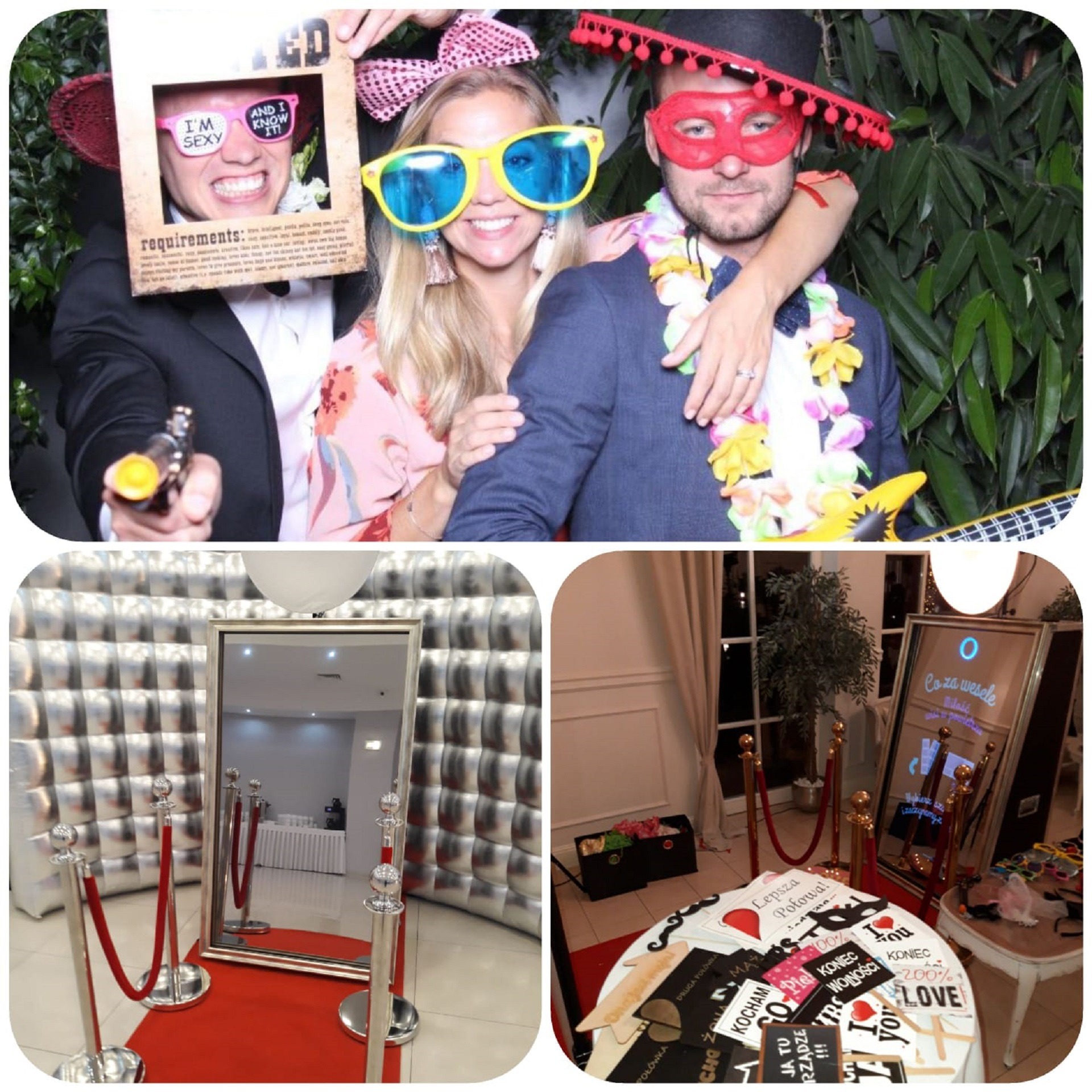 Sesja zdjęciowa z rekwizytami: para w zabawnych okularach i maskach, mężczyzna z pistoletem na wodę, lustrzana kabina fotograficzna z czerwonym dywanem i akcesoriami na stoliku.