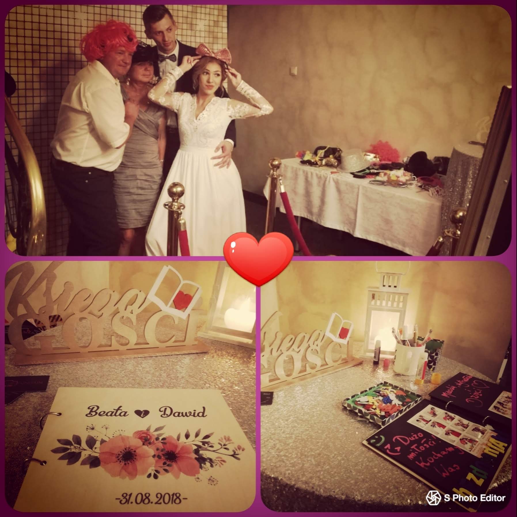 Goście weselni pozują w przebraniach przy lustrzanej ściance, obok stolik z rekwizytami i księga gości z datą 31.08.2018.