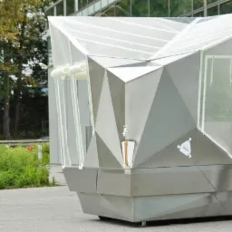 Nowoczesna, mobilna umywalnia zewnętrzna ze stali nierdzewnej o geometrycznej konstrukcji, z przezroczystym zadaszeniem, montowana przez kobietę w dżinsach na tle budynku biurowego.