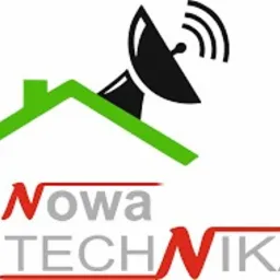 Logo firmy z zielonym konturem domu i czarną anteną satelitarną na dachu, nazwa 'Nowa Technika' w kolorach czerwonym i szarym.