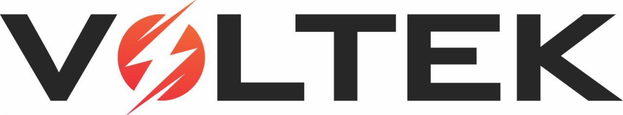 Logo firmy Voltek z symbolem błyskawicy w pomarańczowym okręgu, czarne litery na białym tle.