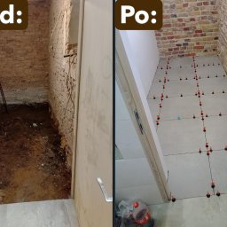 Caspol - Zdjęcie 'przed i po' prezentujące remont łazienki: od stanu surowego z odsłoniętą cegłą do ułożonych, szarych płytek podłogowych z elementami poziomującymi.