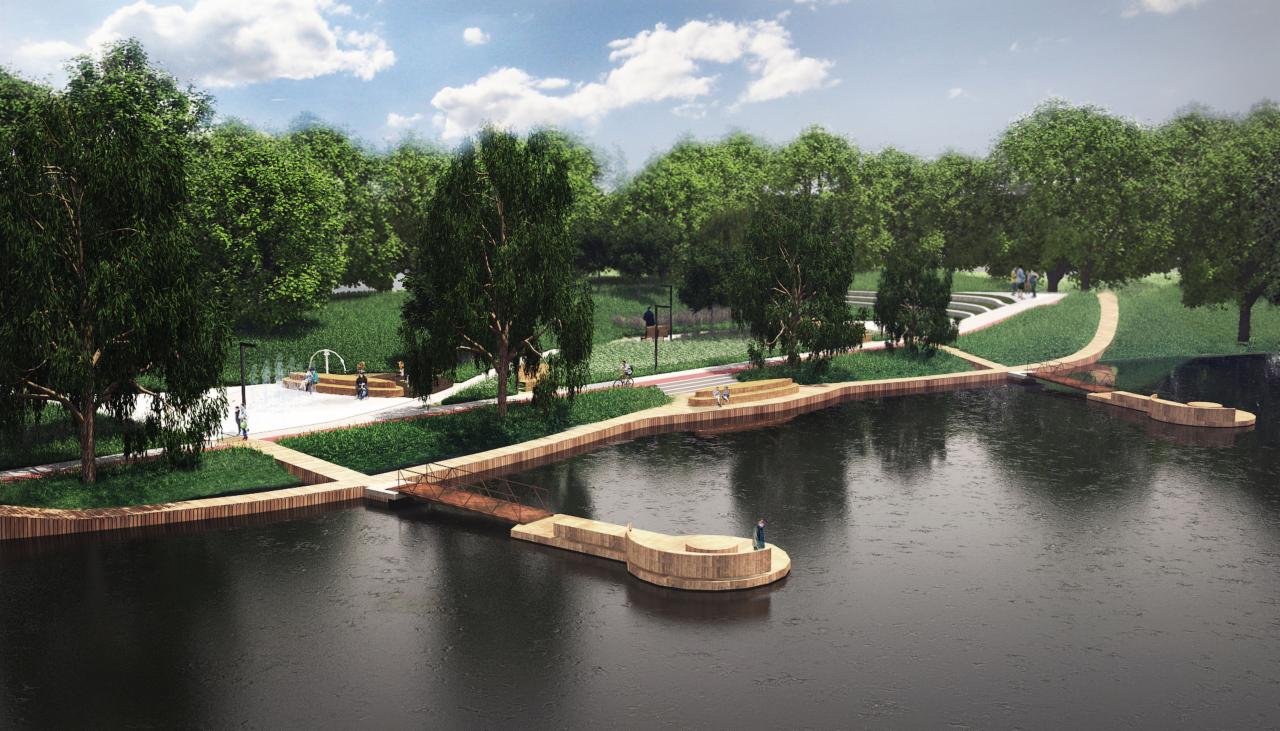 Wizualizacja zagospodarowania skweru nad jeziorem z drewnianym pomostem, amfiteatrem i fontanną, otoczonego zielenią.