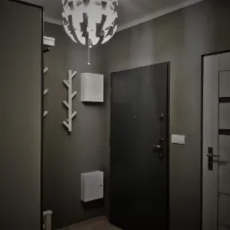 Szare wnętrze przedpokoju z dekoracyjnym oświetleniem sufitowym, wieszakiem na ubrania w kształcie gałęzi, dwoma białymi skrzynkami na ścianie i dwoma parami drzwi.