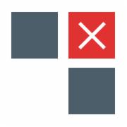 Schematyczny diagram z trzema kwadratami, jeden z nich oznaczony czerwonym krzyżykiem, symbolizujący brak połączenia lub błąd.
