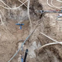 Wykop w ziemi z widocznymi rurami wodociągowymi i złączkami, narzędzia budowlane leżą na krawędzi wykopu.