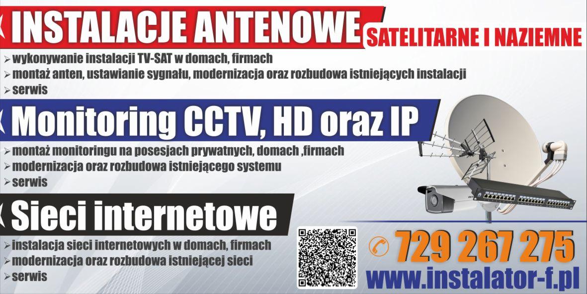 Grafika reklamowa firmy instalacyjnej oferującej usługi montażu anten satelitarnych i naziemnych, systemów monitoringu CCTV HD i IP oraz sieci internetowych, z numerem telefonu i adresem strony...